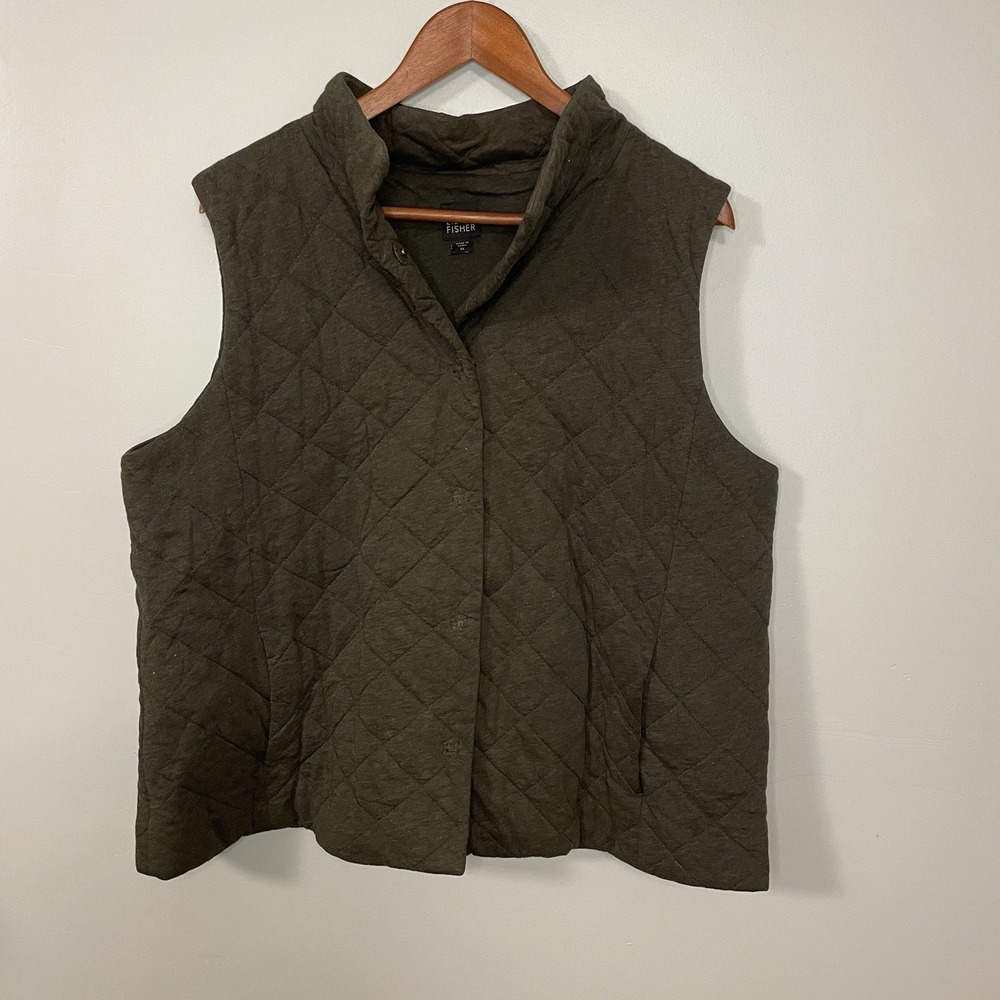 Eileen Fisher Vest Size‎ XL Green Quilted Snap Front Outerwear Pockets